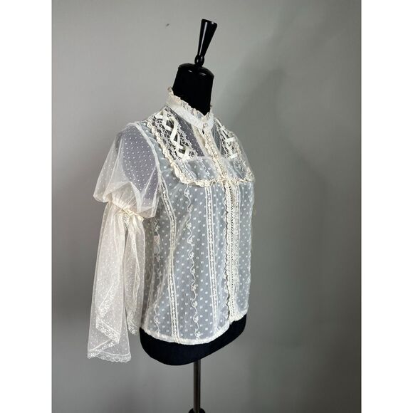 Vintage Women's Cream Lace Edwardian Inspired Sheer Lace Bell Sleeve Top Size S - Picture 2 of 8